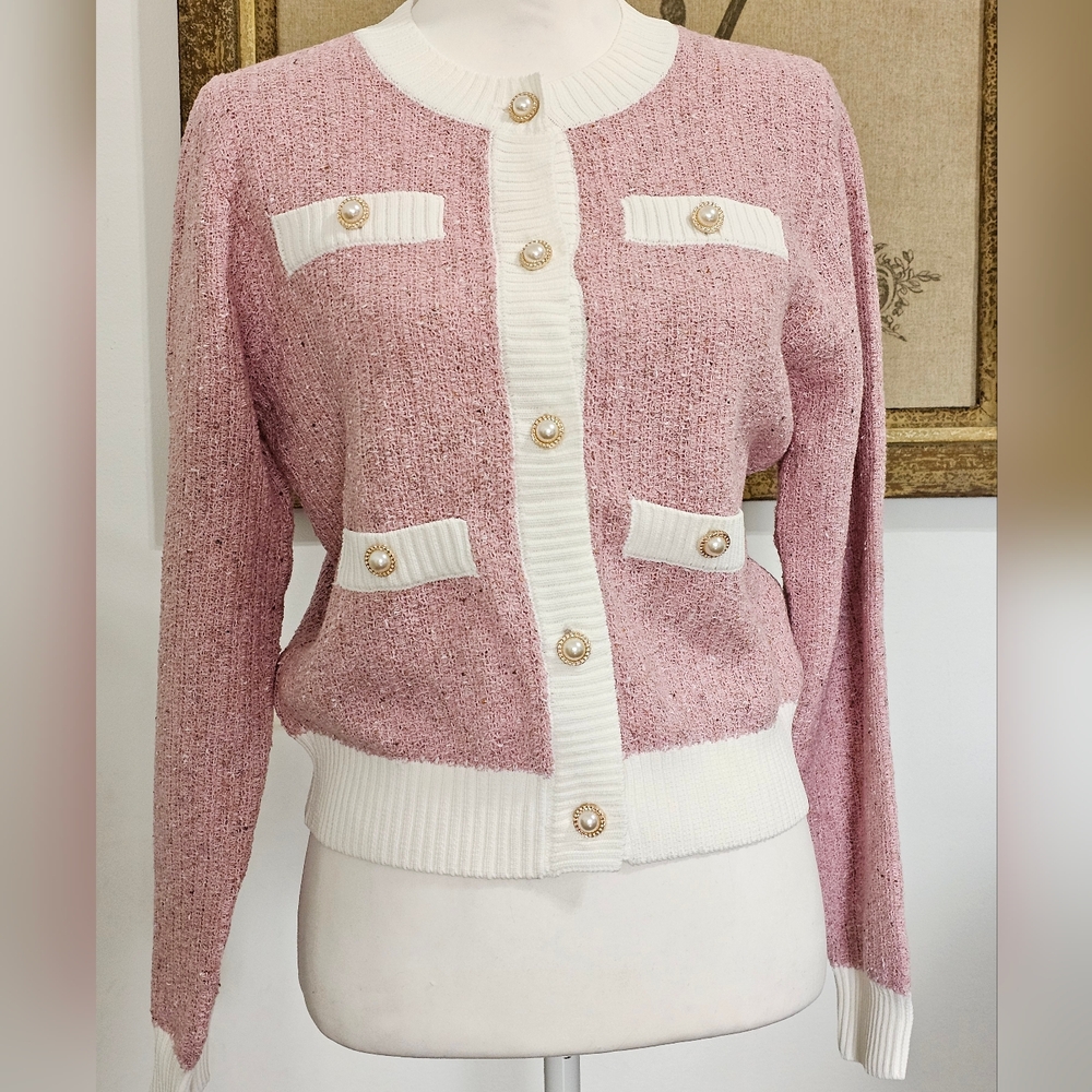 Pink Pearl Button Cardigan Coquette Preppy Old Money Knit Sweater - Picture 3 of 12